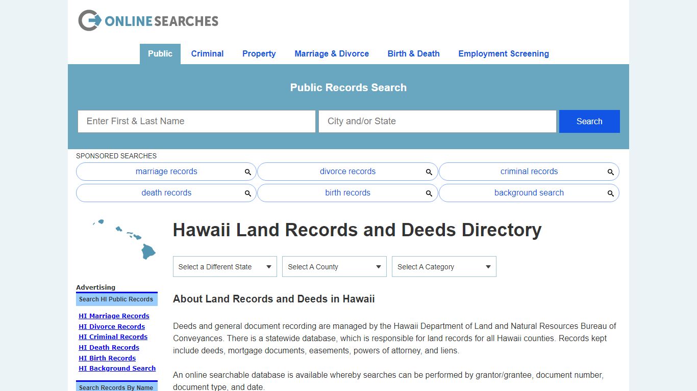 Hawaii Land Records and Deeds Search Directory - OnlineSearches.com